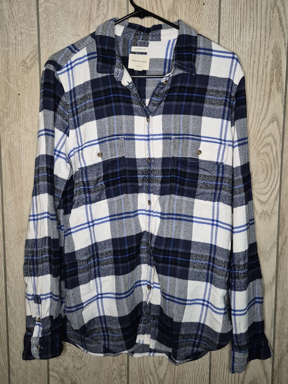 American Eagle Outfitters Blue, Navy and White Plaid Button-Down Shirt